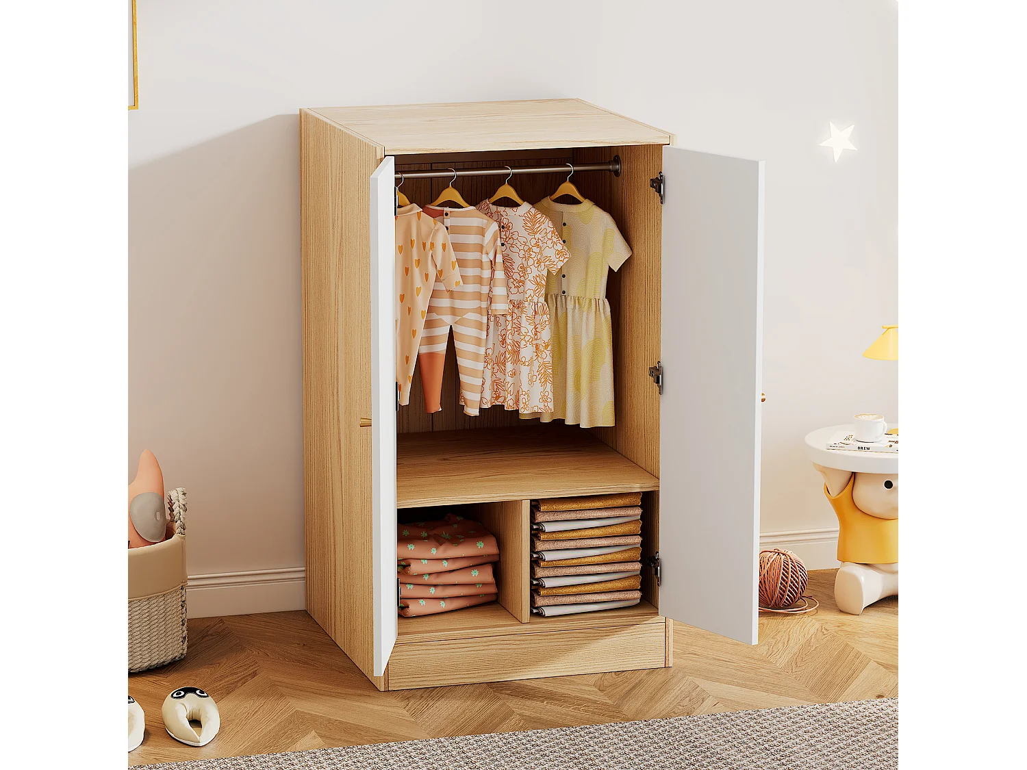 2-deurs kinderkledingkast - MDF hout - 62 x 55 x 110 cm - wit + natuurlijke kleur