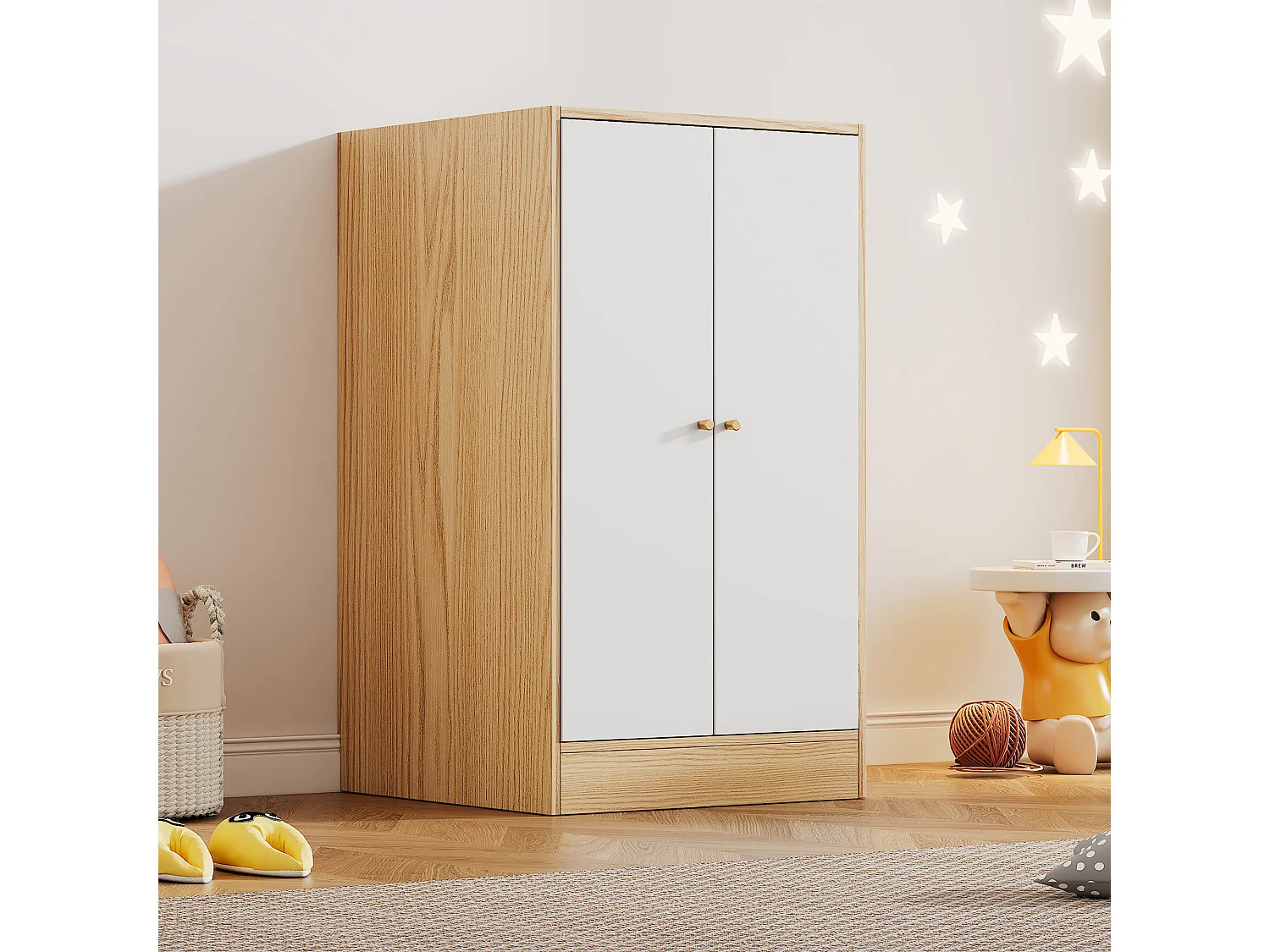 2-deurs kinderkledingkast - MDF hout - 62 x 55 x 110 cm - wit + natuurlijke kleur