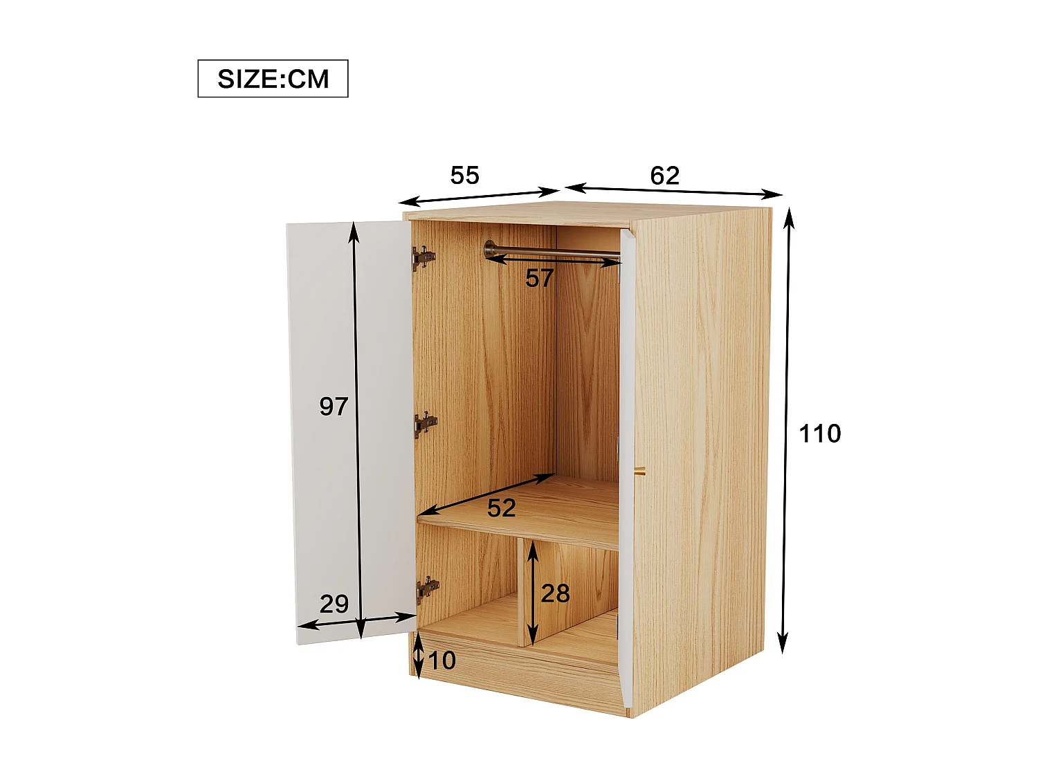2-deurs kinderkledingkast - MDF hout - 62 x 55 x 110 cm - wit + natuurlijke kleur
