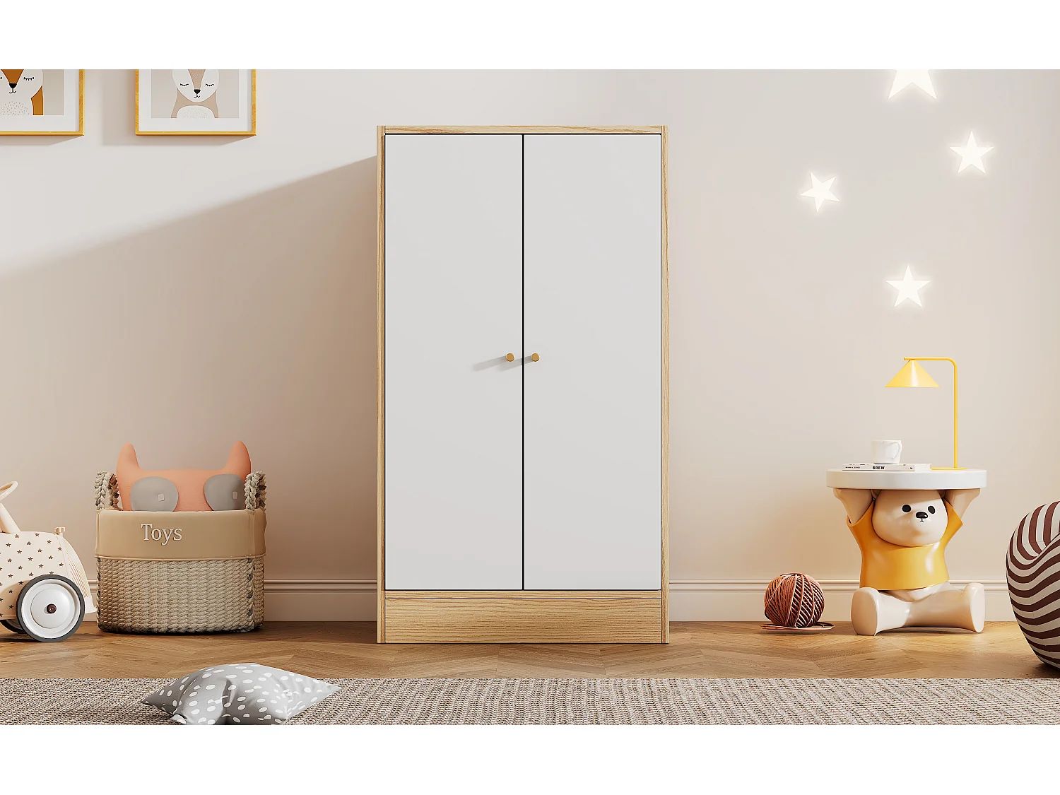 2-deurs kinderkledingkast - MDF hout - 62 x 55 x 110 cm - wit + natuurlijke kleur