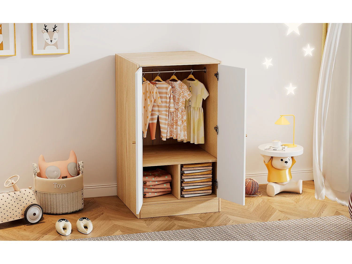 2-deurs kinderkledingkast - MDF hout - 62 x 55 x 110 cm - wit + natuurlijke kleur