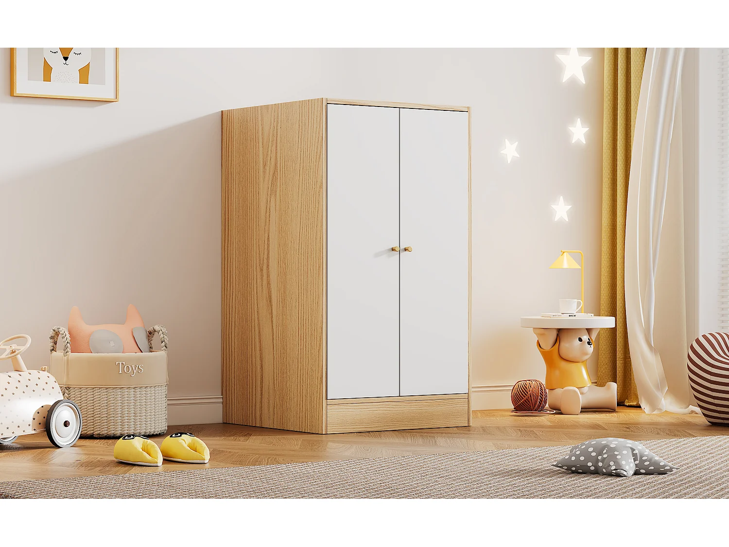 2-deurs kinderkledingkast - MDF hout - 62 x 55 x 110 cm - wit + natuurlijke kleur