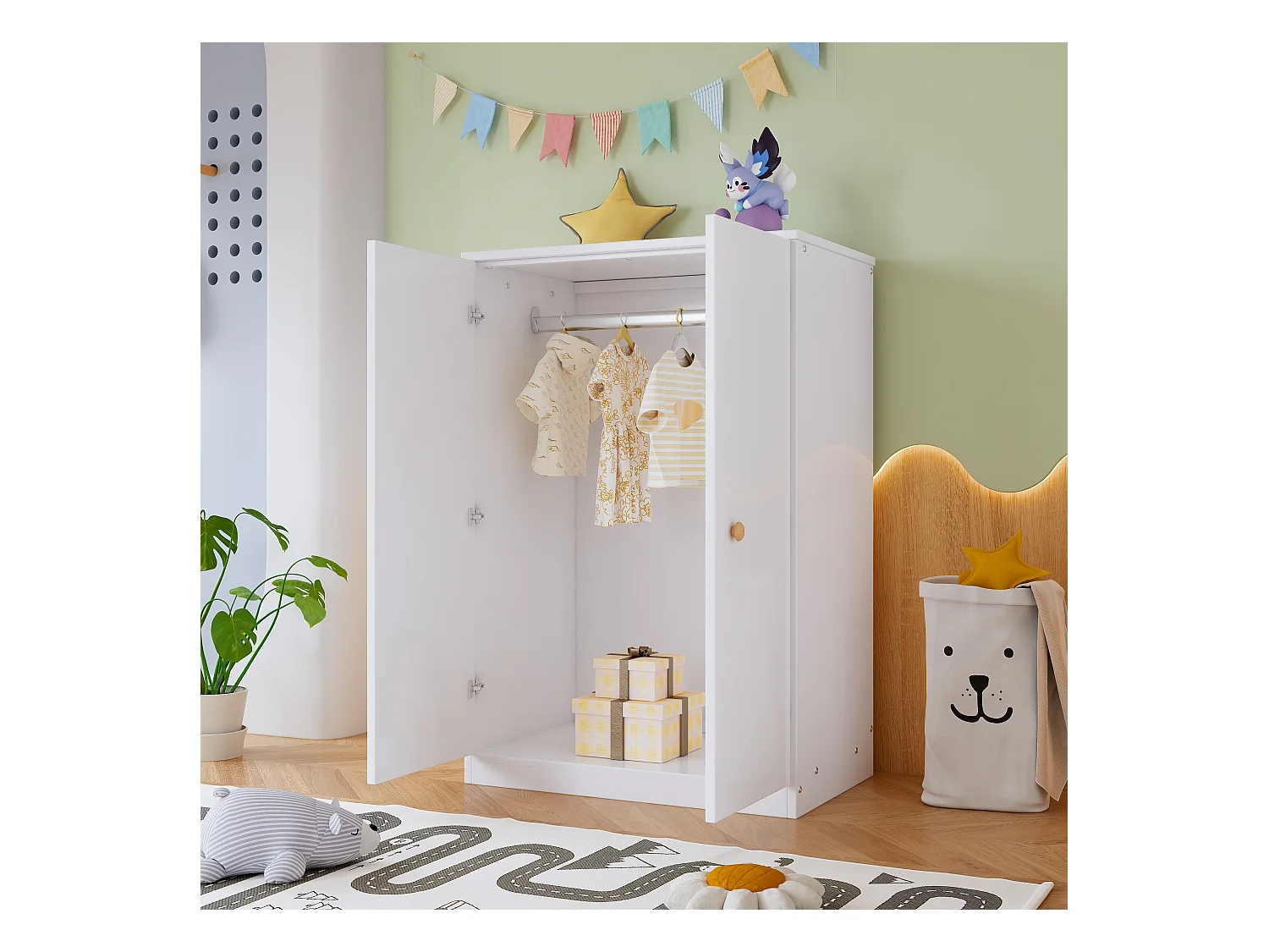 2-türiger Kleiderschrank mit Stange, für Schlafzimmer, Wohnzimmer – MDF-Holz – Weiß
