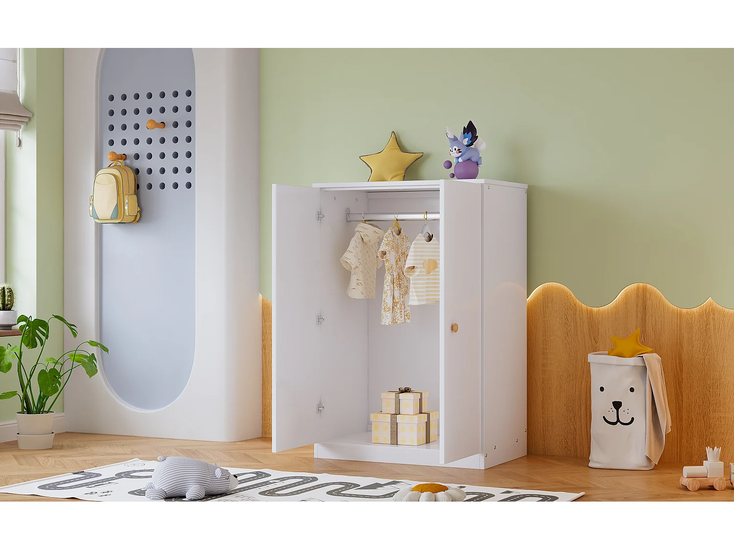 2-türiger Kleiderschrank mit Stange, für Schlafzimmer, Wohnzimmer – MDF-Holz – Weiß