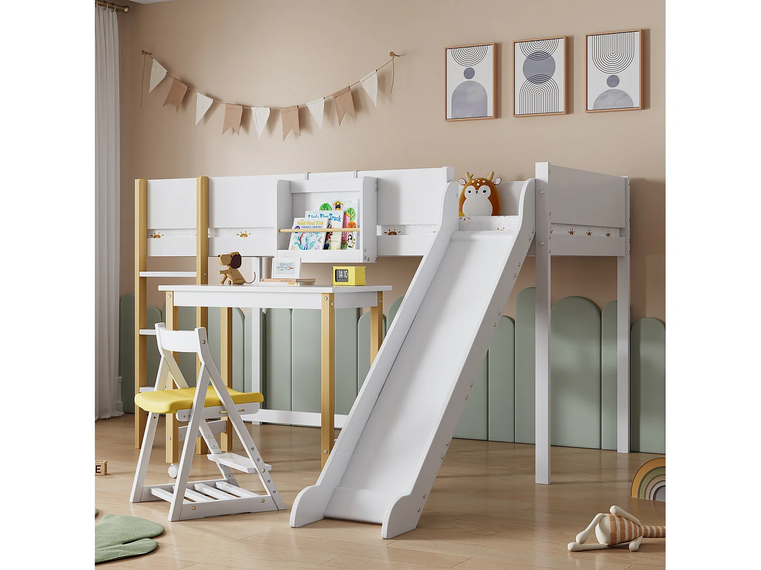 Lit mezzanine 90 x 200 cm avec toboggan, table et étagère amovible, pin+MDF, blanc+naturel