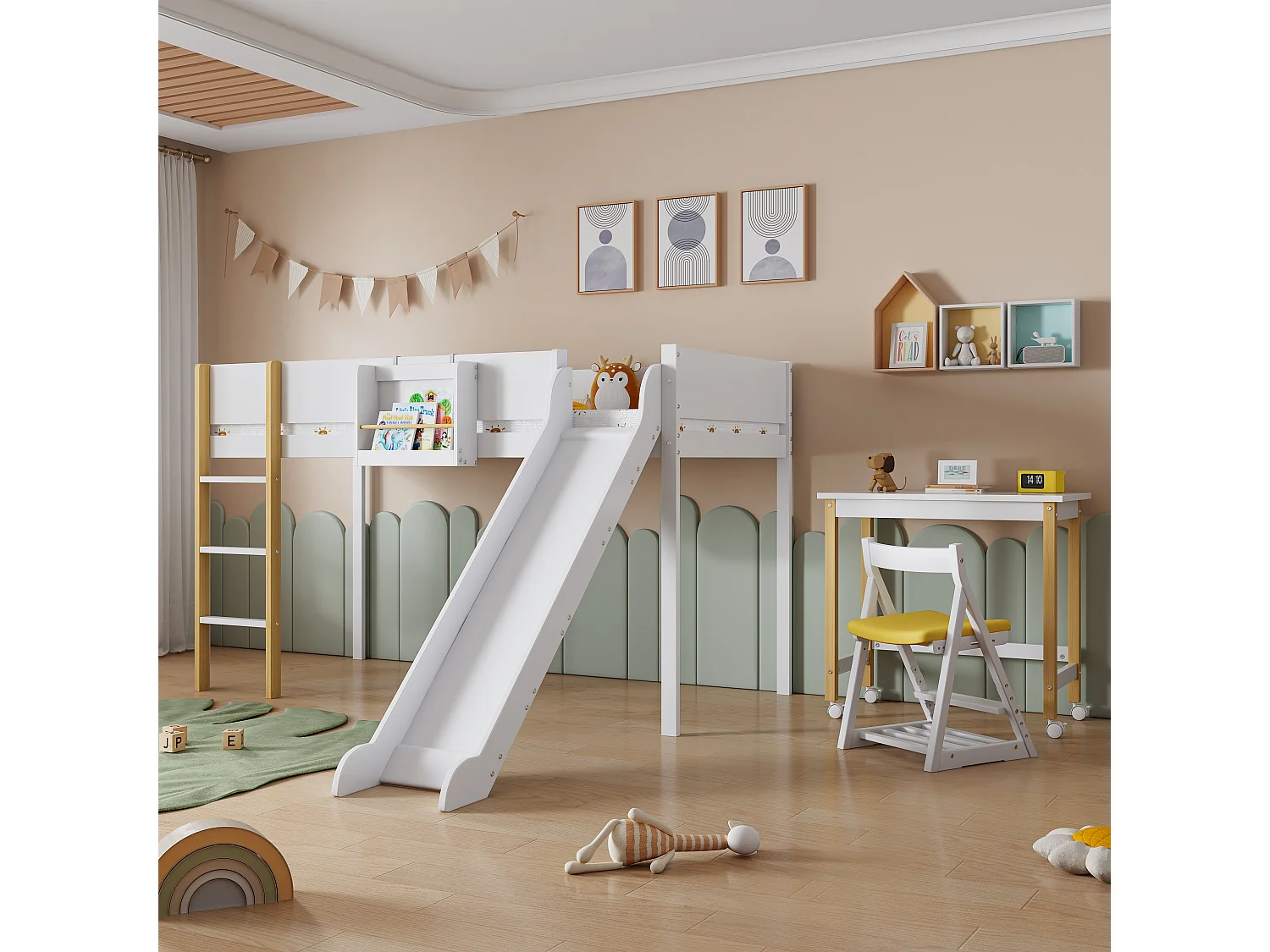 Lit mezzanine 90 x 200 cm avec toboggan, table et étagère amovible, pin+MDF, blanc+naturel