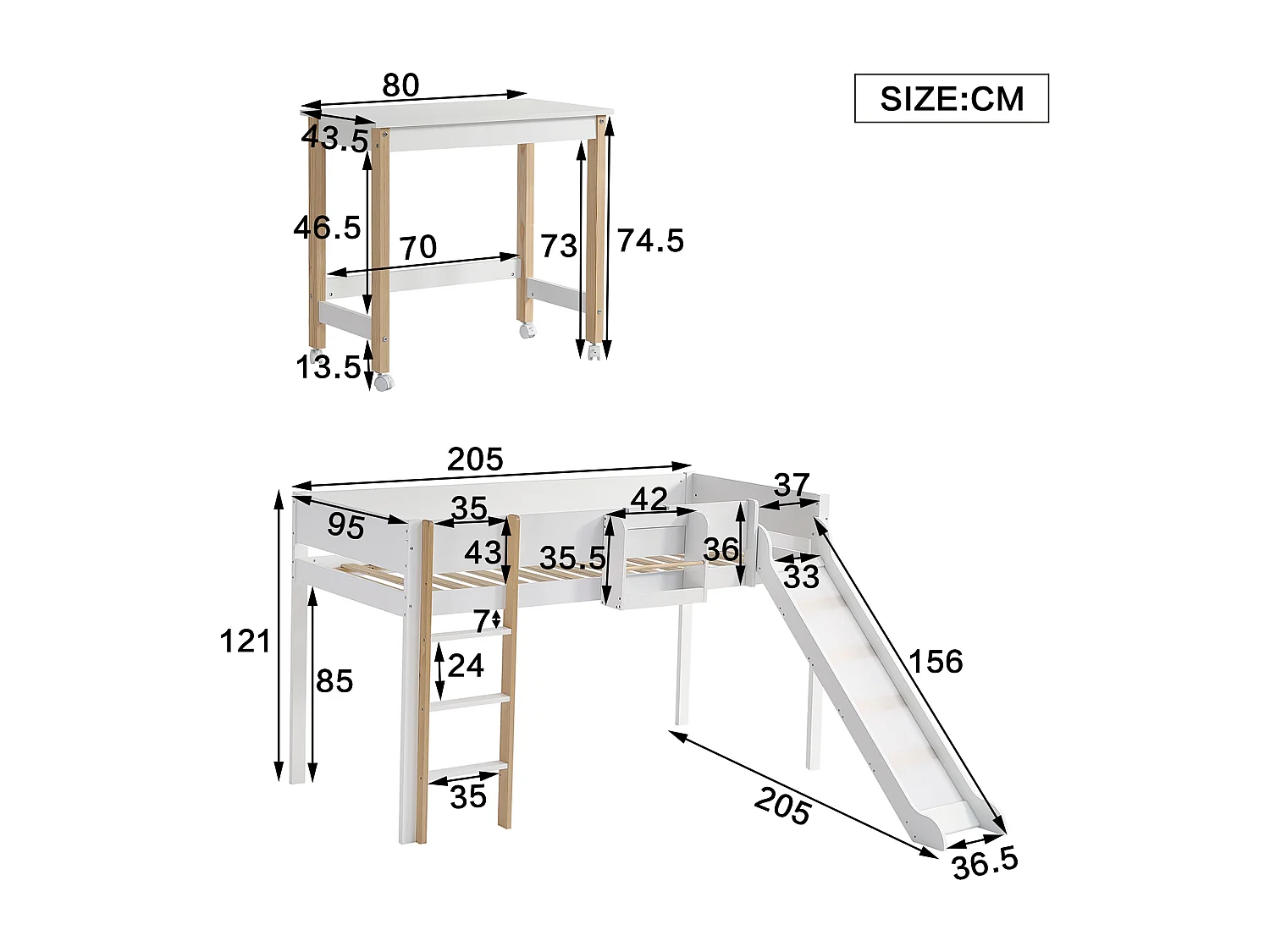 Lit mezzanine 90 x 200 cm avec toboggan, table et étagère amovible, pin+MDF, blanc+naturel