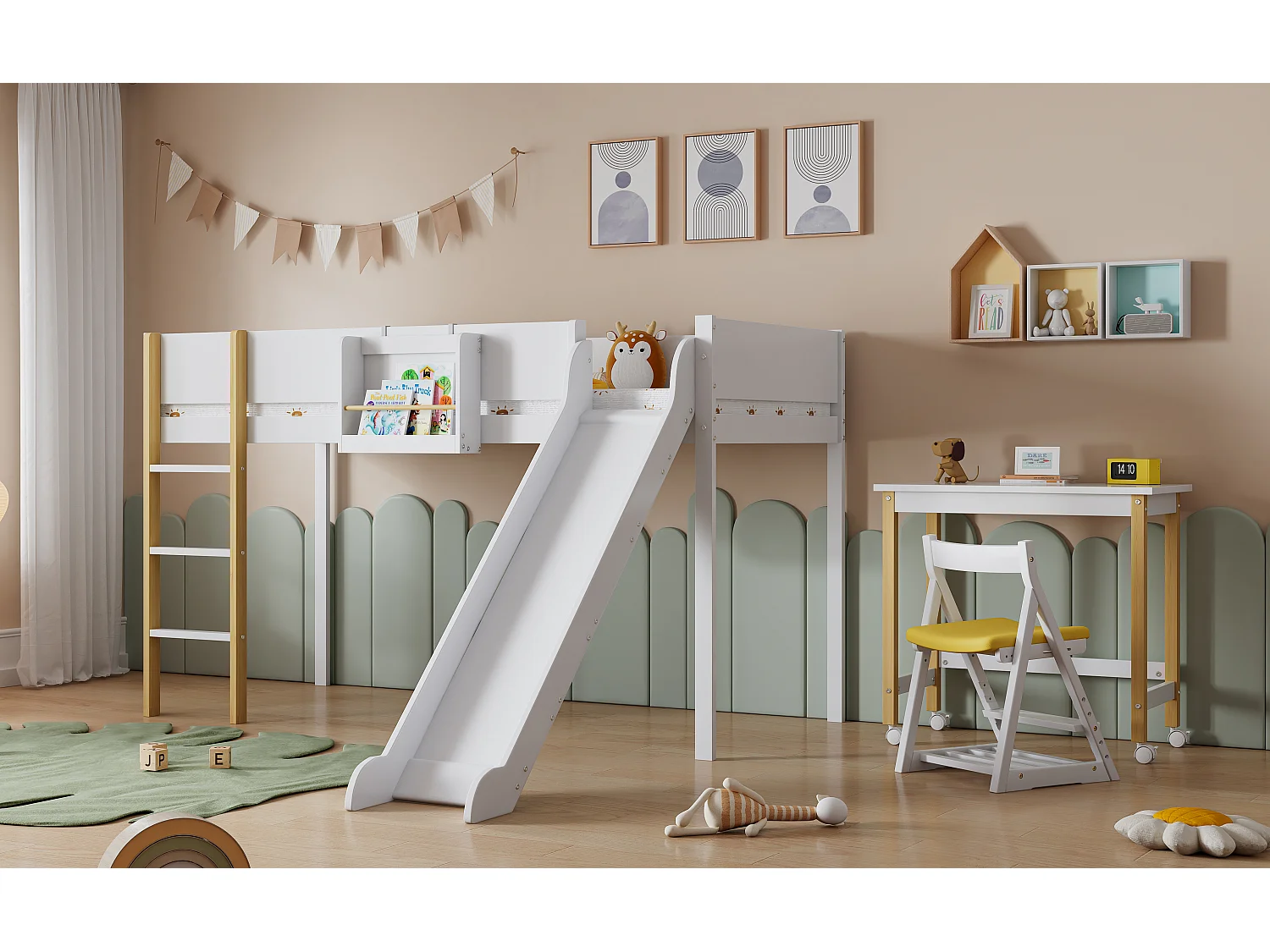 Lit mezzanine 90 x 200 cm avec toboggan, table et étagère amovible, pin+MDF, blanc+naturel