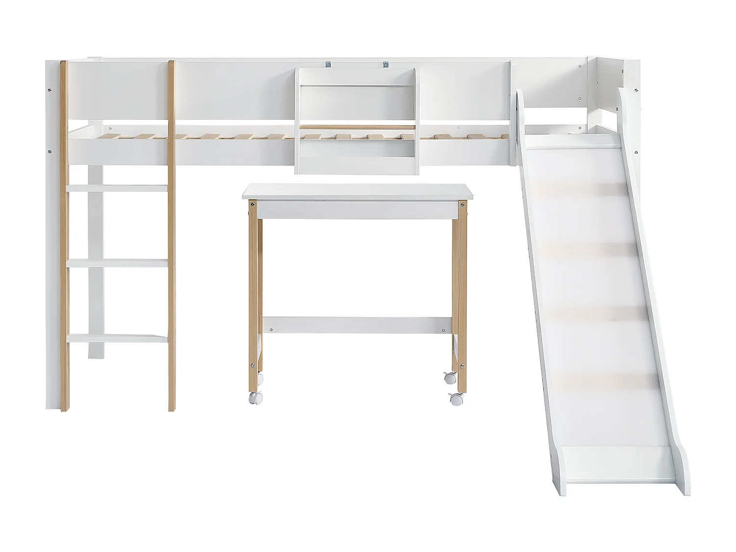 Lit mezzanine 90 x 200 cm avec toboggan, table et étagère amovible, pin+MDF, blanc+naturel