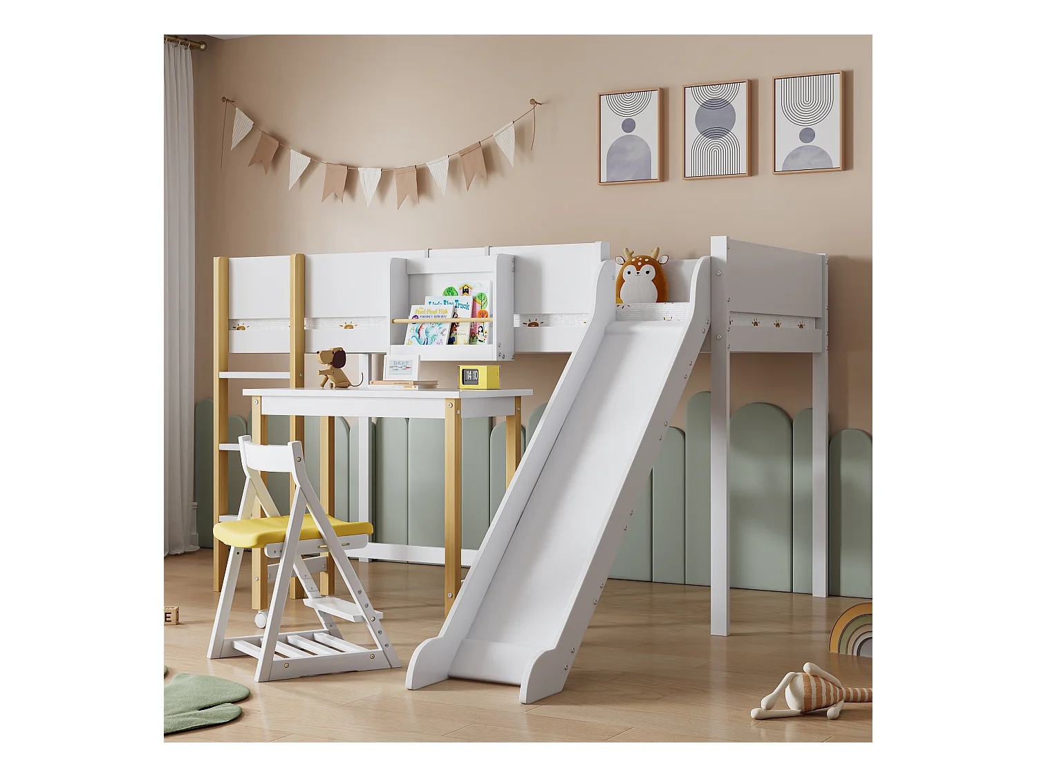 Lit mezzanine 90 x 200 cm avec toboggan, table et étagère amovible, pin+MDF, blanc+naturel
