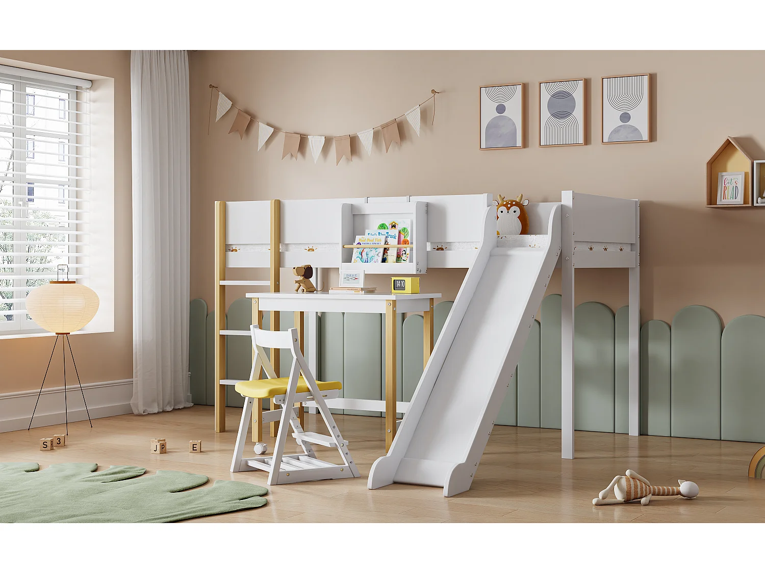 Cama alta 90 x 200 cm com escorregador, mesa e prateleira removível, pinho+MDF, branco+natural