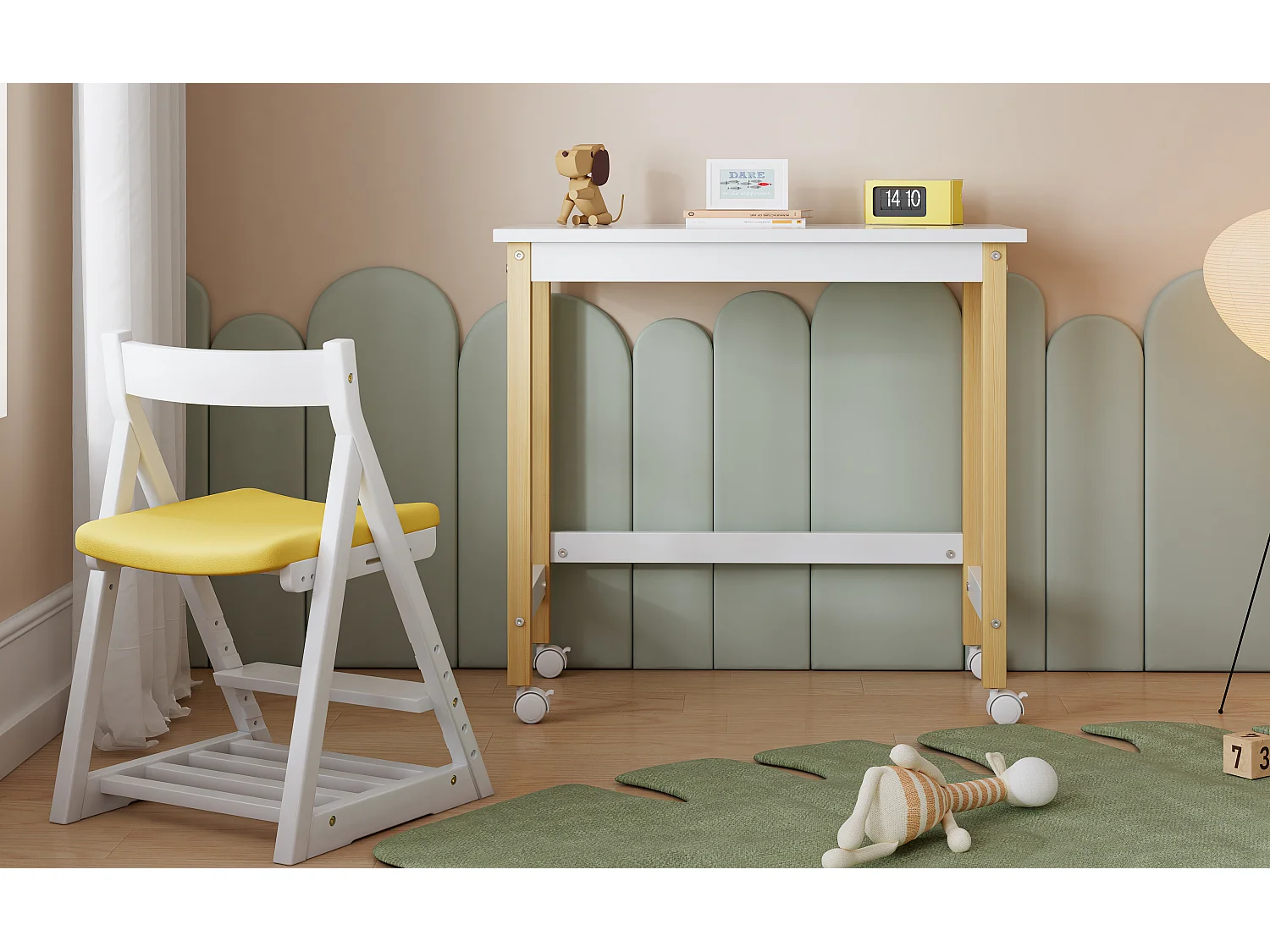 Cama alta 90 x 200 cm com escorregador, mesa e prateleira removível, pinho+MDF, branco+natural