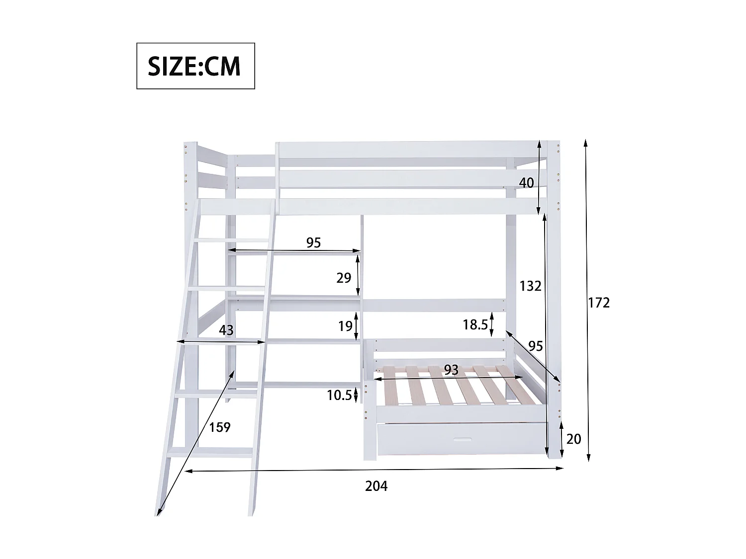 Lit mezzanine 90 x 200 cm avec étagères de rangement et canapé - bois massif + MDF - blanc