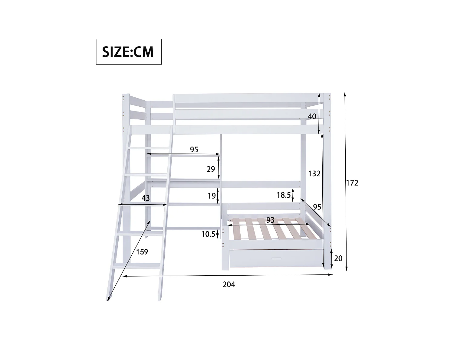 Lit mezzanine 90 x 200 cm avec étagères de rangement et canapé - bois massif + MDF - blanc