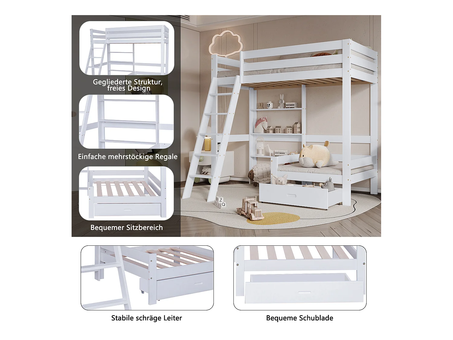Lit mezzanine 90 x 200 cm avec étagères de rangement et canapé - bois massif + MDF - blanc