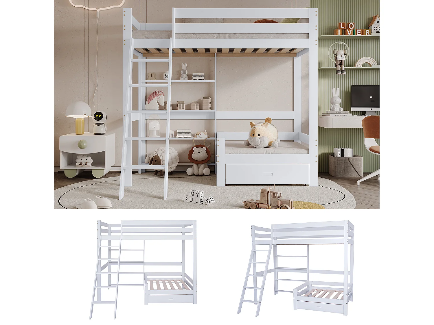 Lit mezzanine 90 x 200 cm avec étagères de rangement et canapé - bois massif + MDF - blanc