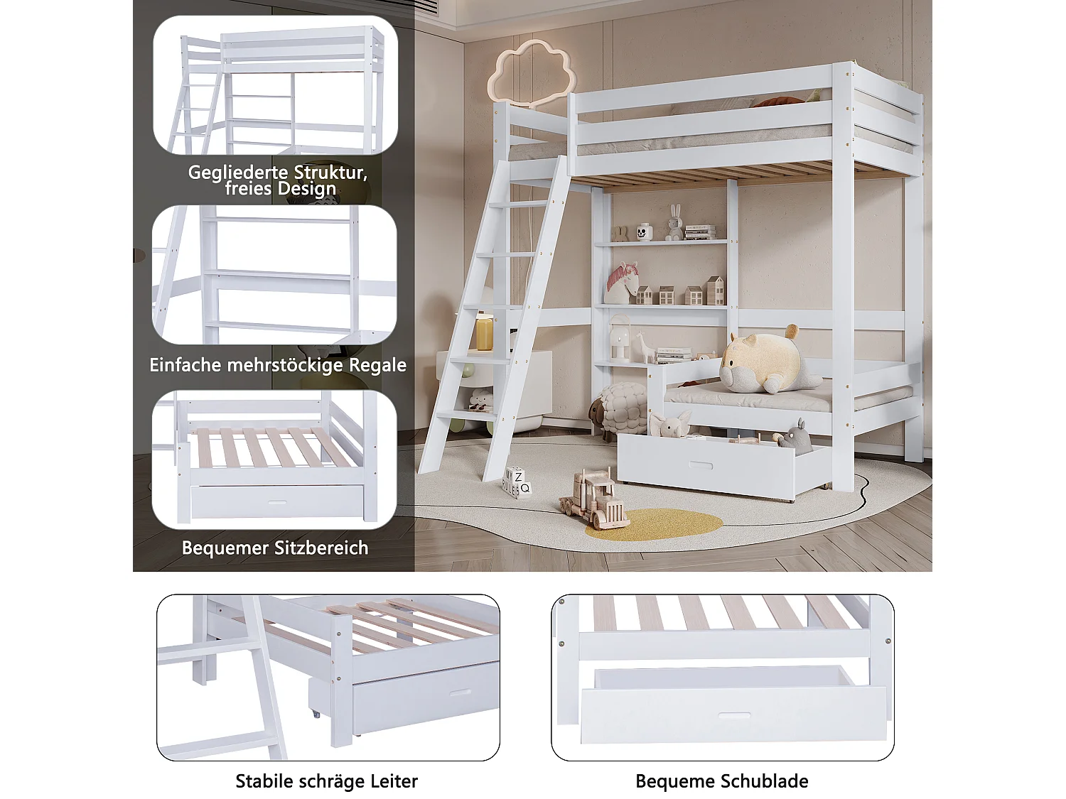 Lit mezzanine 90 x 200 cm avec étagères de rangement et canapé - bois massif + MDF - blanc