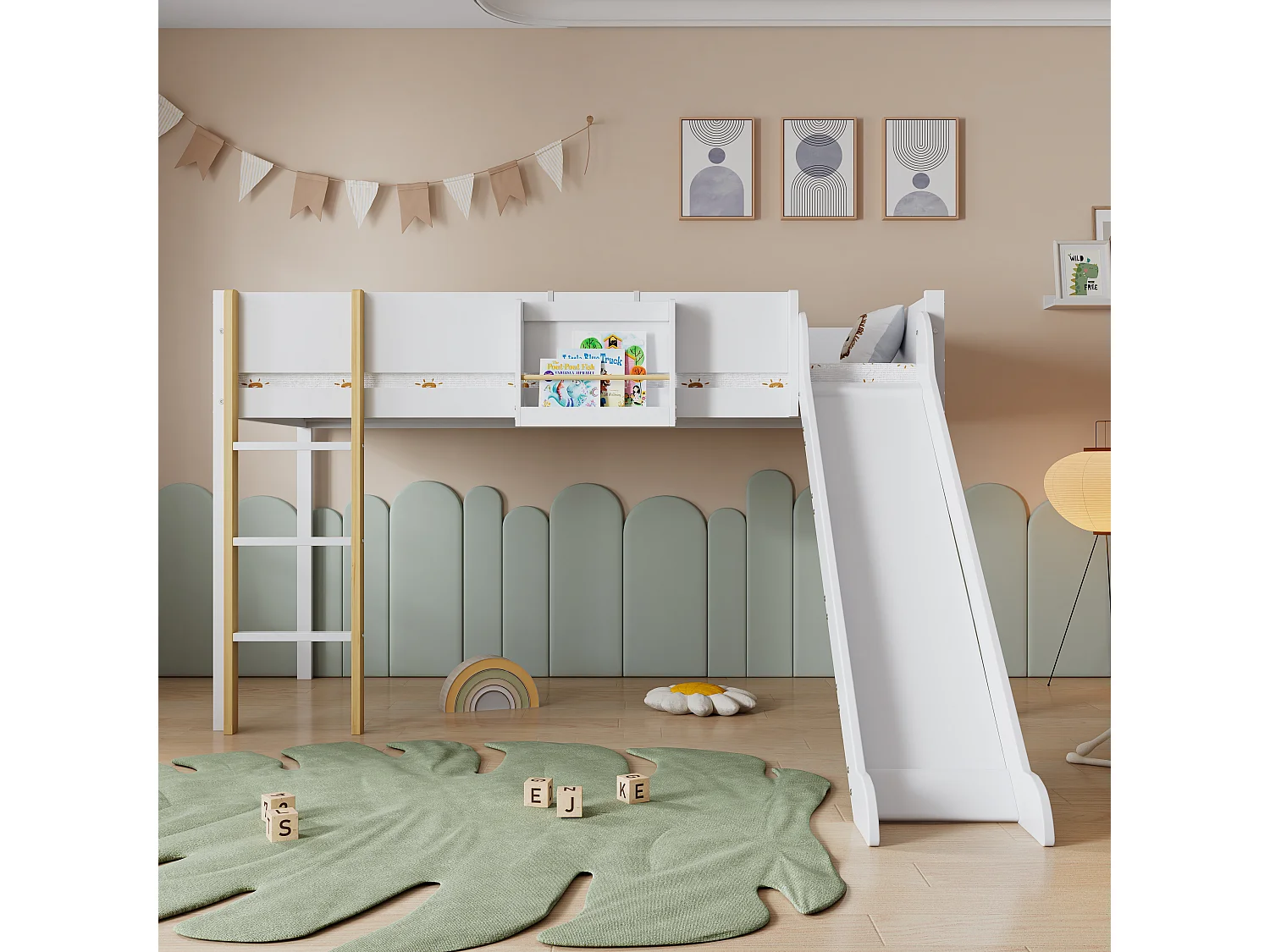 Lit mezzanine 90 x 200 cm avec toboggan et étagère amovible, pin+MDF, blanc+naturel