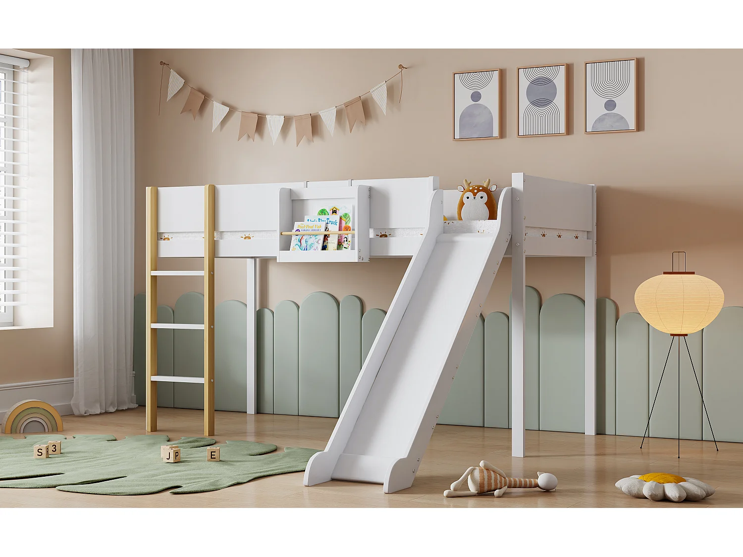 Lit mezzanine 90 x 200 cm avec toboggan et étagère amovible, pin+MDF, blanc+naturel