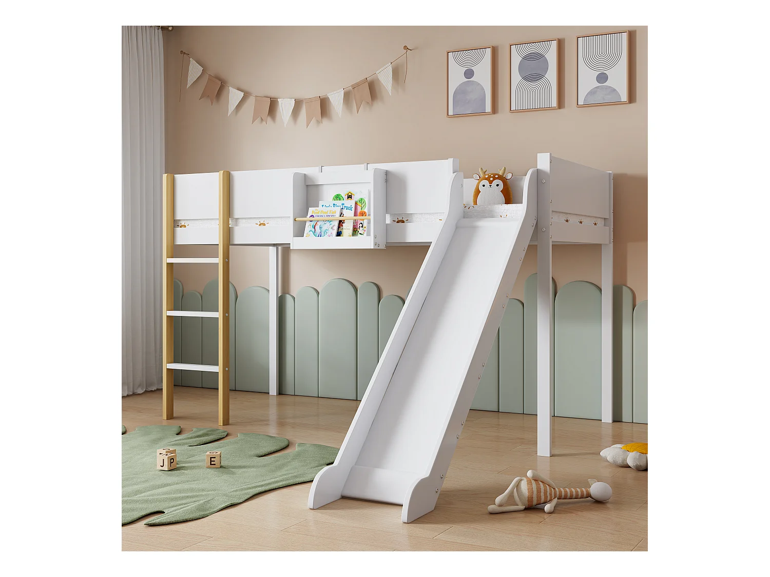 Lit mezzanine 90 x 200 cm avec toboggan et étagère amovible, pin+MDF, blanc+naturel