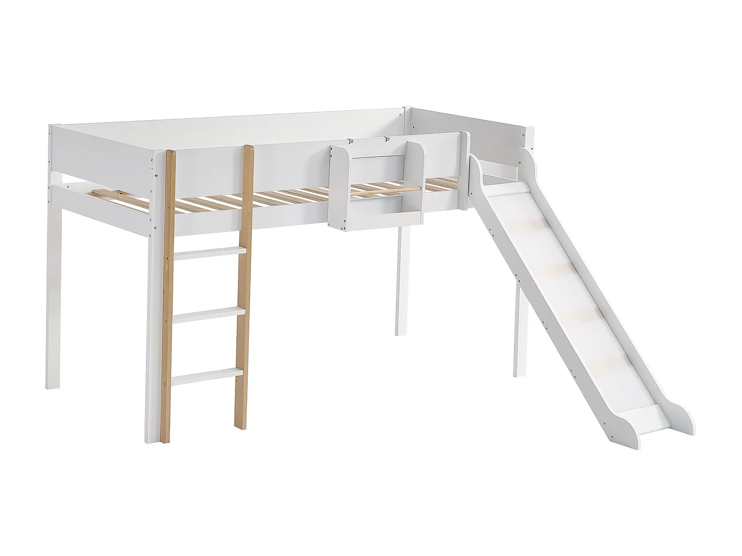 Hoogslaper 90 x 200 cm met glijbaan en afneembare plank, grenen+MDF, wit+naturel