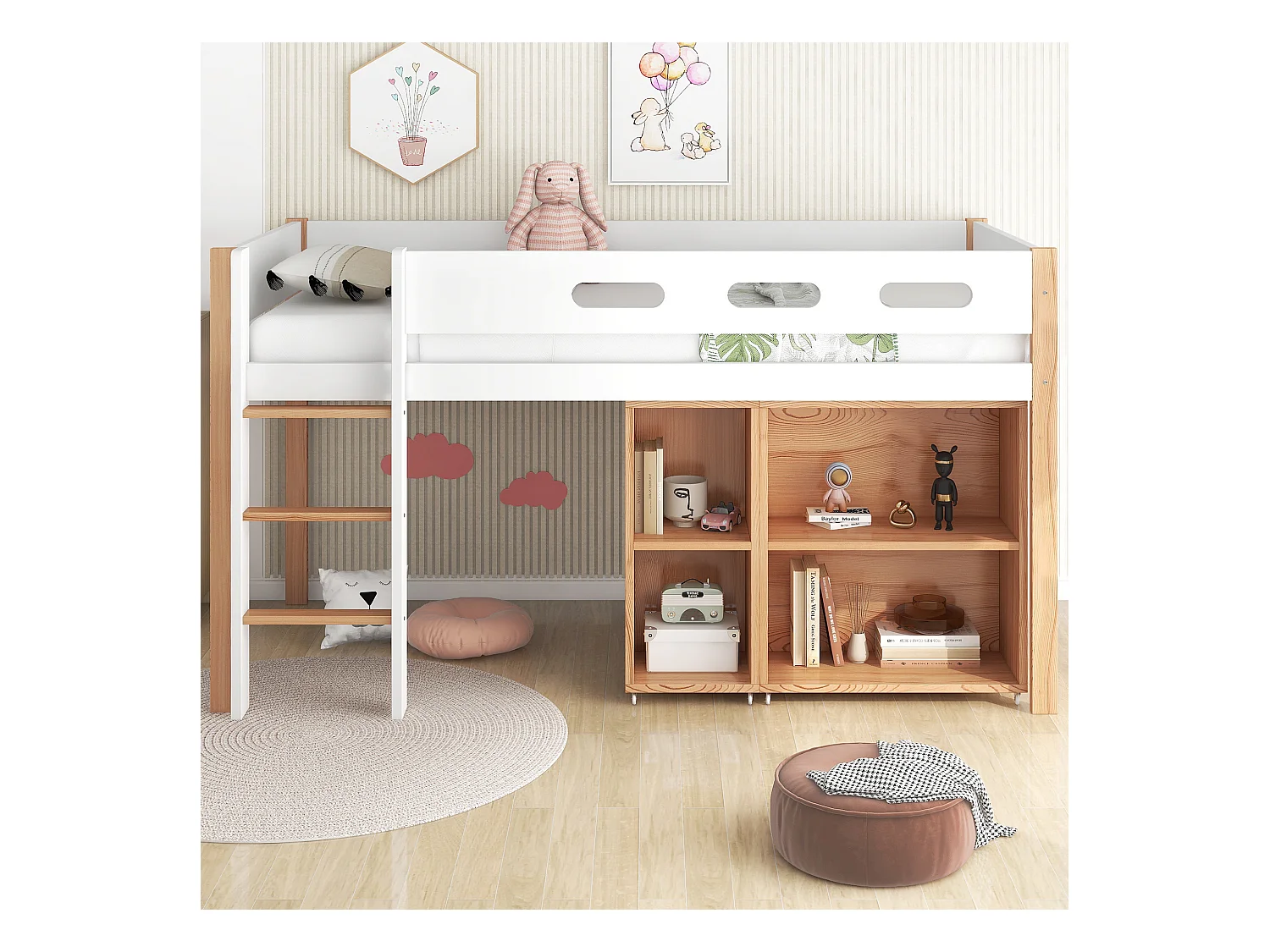 Mezzaninebed 90 x 200 cm met mobiele kledingkast - grenen en MDF - kleur: wit + naturel