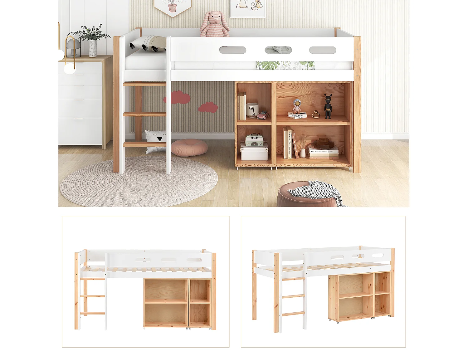 Lit mezzanine 90 x 200 cm avec armoire mobile - pin et MDF - coloris : blanc + naturel