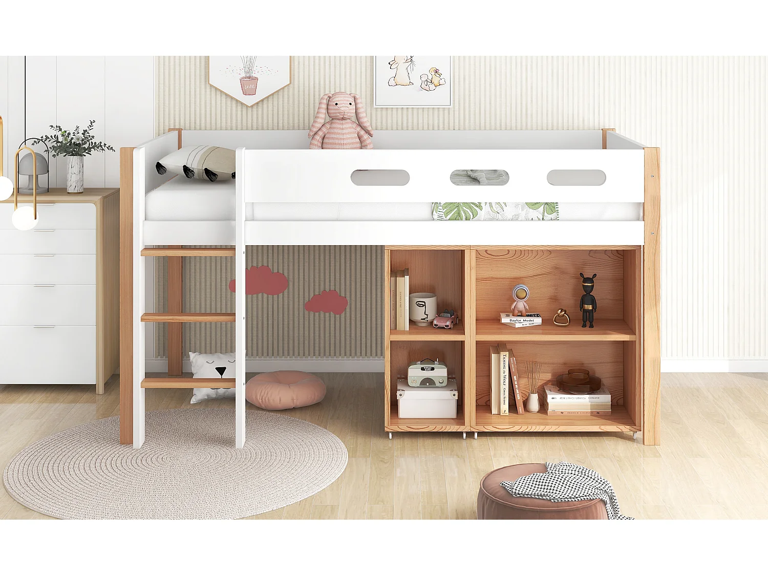 Lit mezzanine 90 x 200 cm avec armoire mobile - pin et MDF - coloris : blanc + naturel