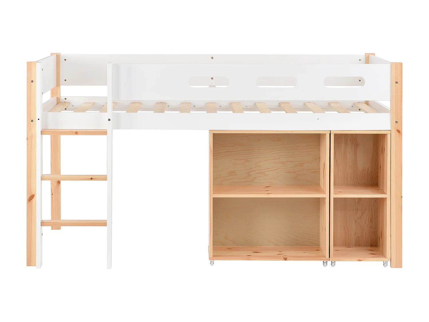 Lit mezzanine 90 x 200 cm avec armoire mobile - pin et MDF - coloris : blanc + naturel