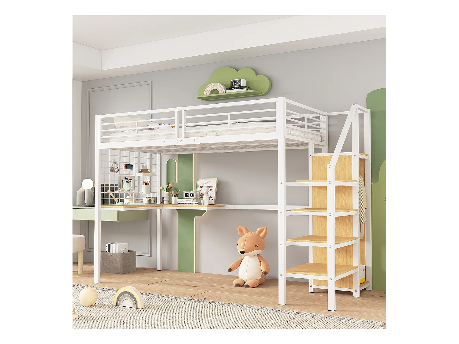 Lit mezzanine 90 x 200 cm avec bureau d'angle et armoire - fer + panneaux de particules - blanc + naturel