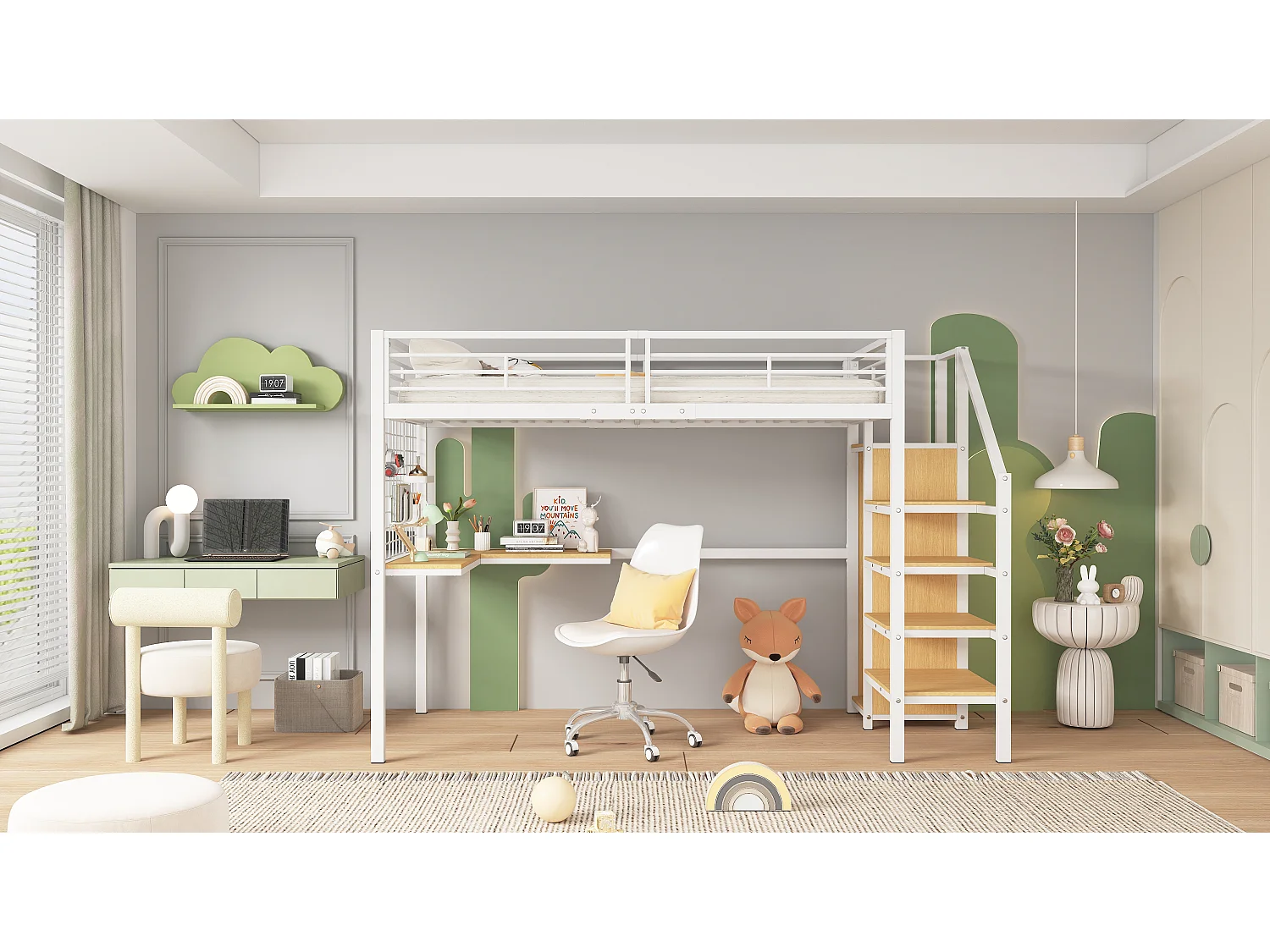 Lit mezzanine 90 x 200 cm avec bureau d'angle et armoire - fer + panneaux de particules - blanc + naturel