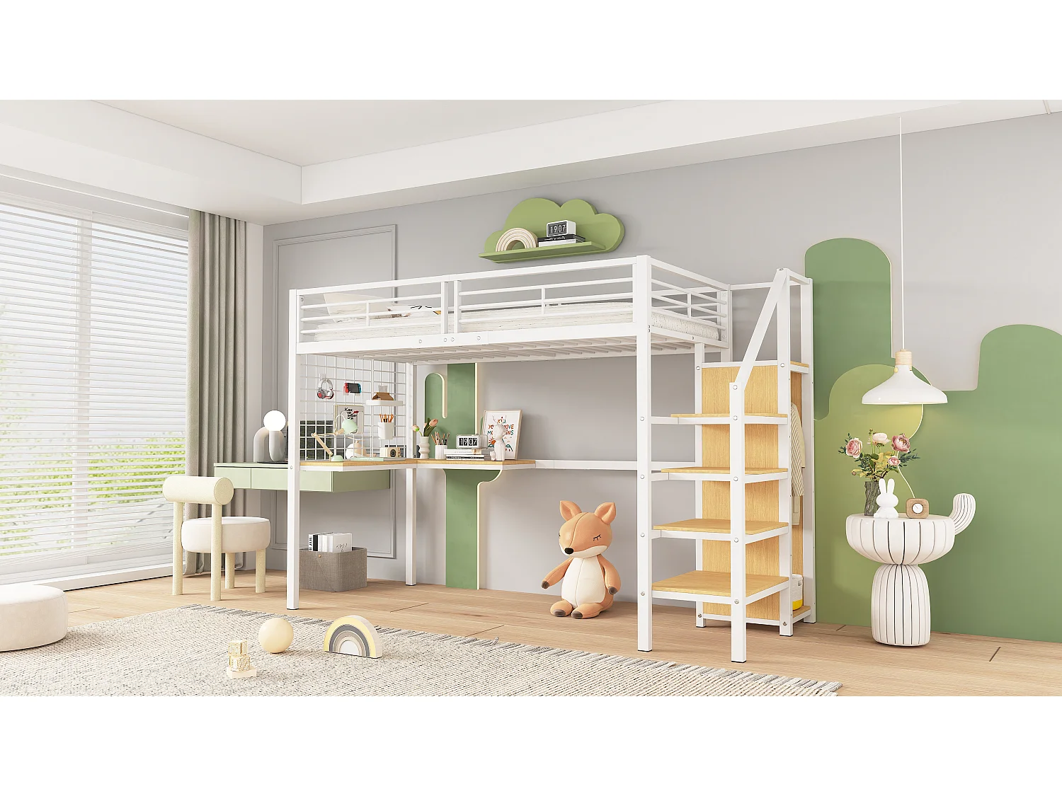 Lit mezzanine 90 x 200 cm avec bureau d'angle et armoire - fer + panneaux de particules - blanc + naturel