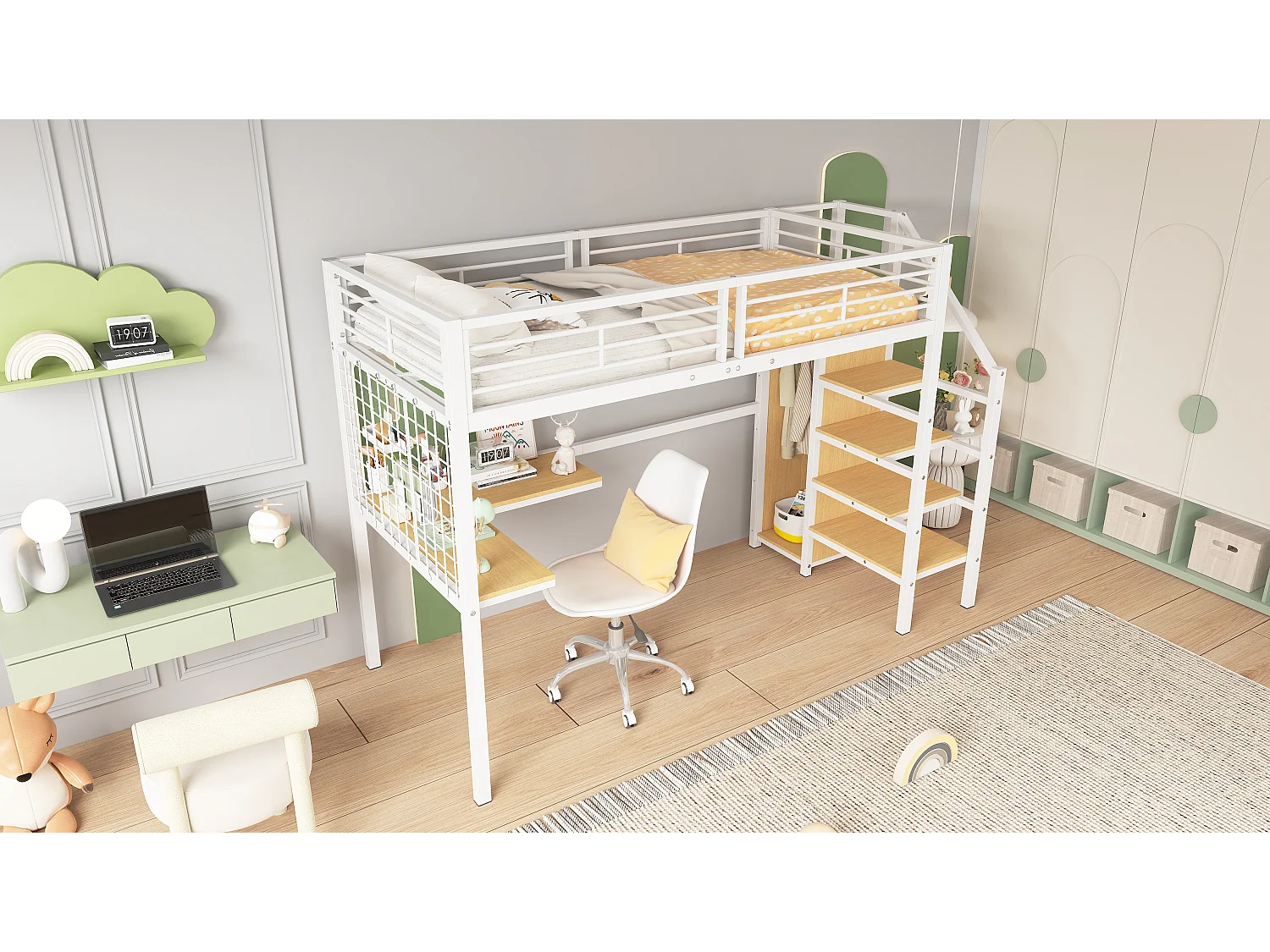 Lit mezzanine 90 x 200 cm avec bureau d'angle et armoire - fer + panneaux de particules - blanc + naturel