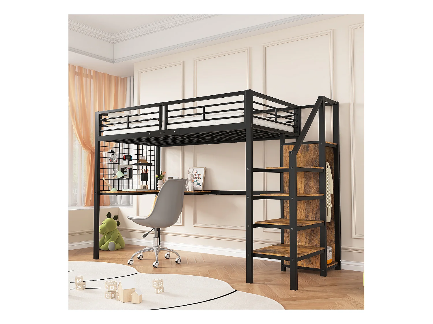 Lit mezzanine 90 x 200 cm avec bureau d'angle et armoire - fer + panneaux de particules - noir + naturel