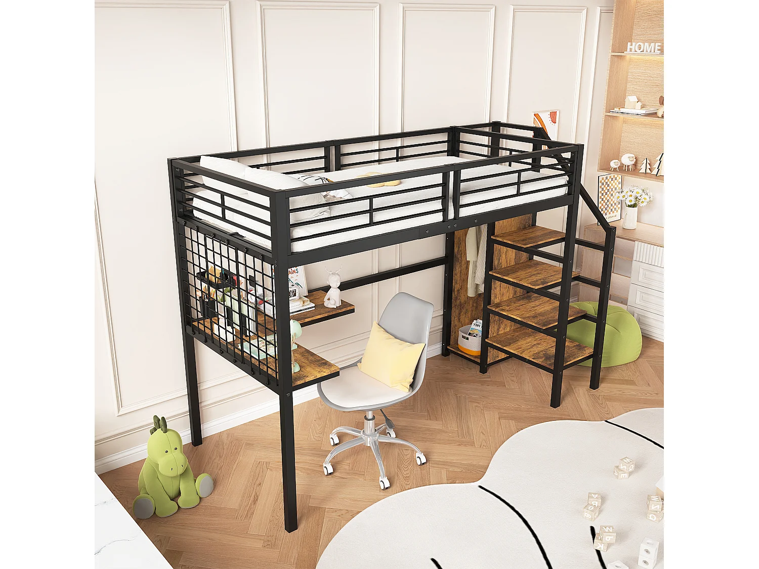 Łóżko piętrowe 90 x 200 cm z biurkiem narożnym i szafą - żelazo + płyta wiórowa - czarny + naturalny