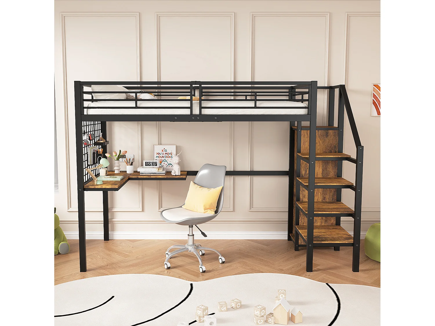 Łóżko piętrowe 90 x 200 cm z biurkiem narożnym i szafą - żelazo + płyta wiórowa - czarny + naturalny