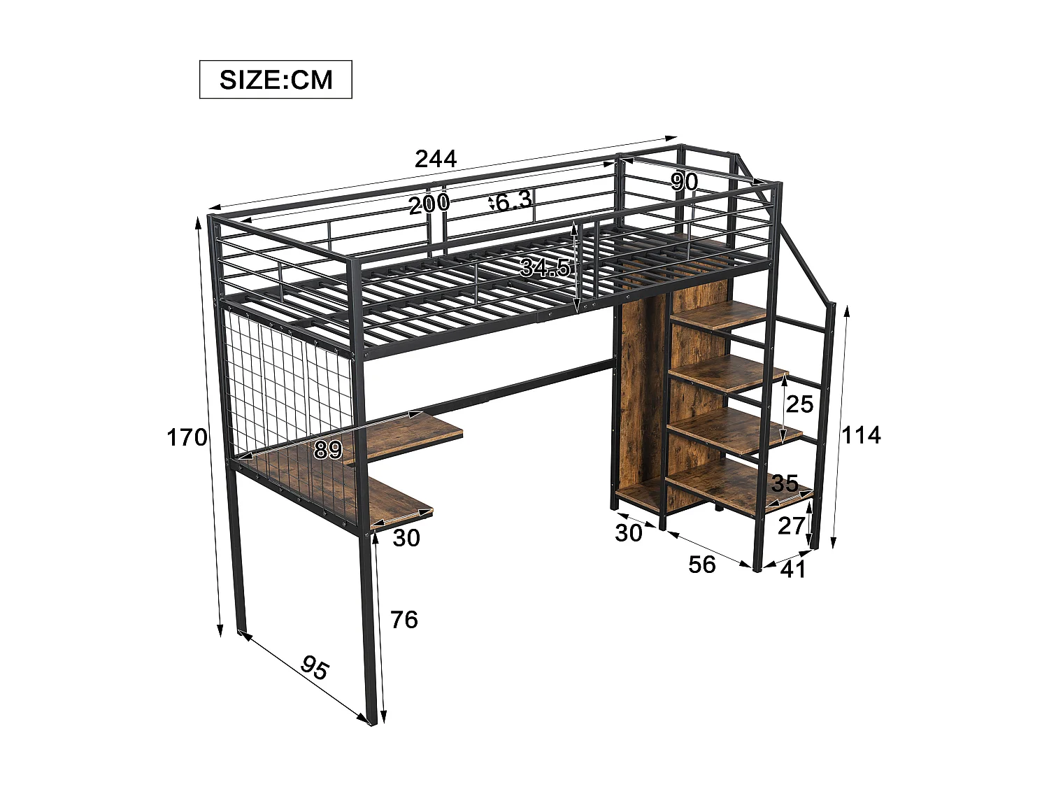 Łóżko piętrowe 90 x 200 cm z biurkiem narożnym i szafą - żelazo + płyta wiórowa - czarny + naturalny