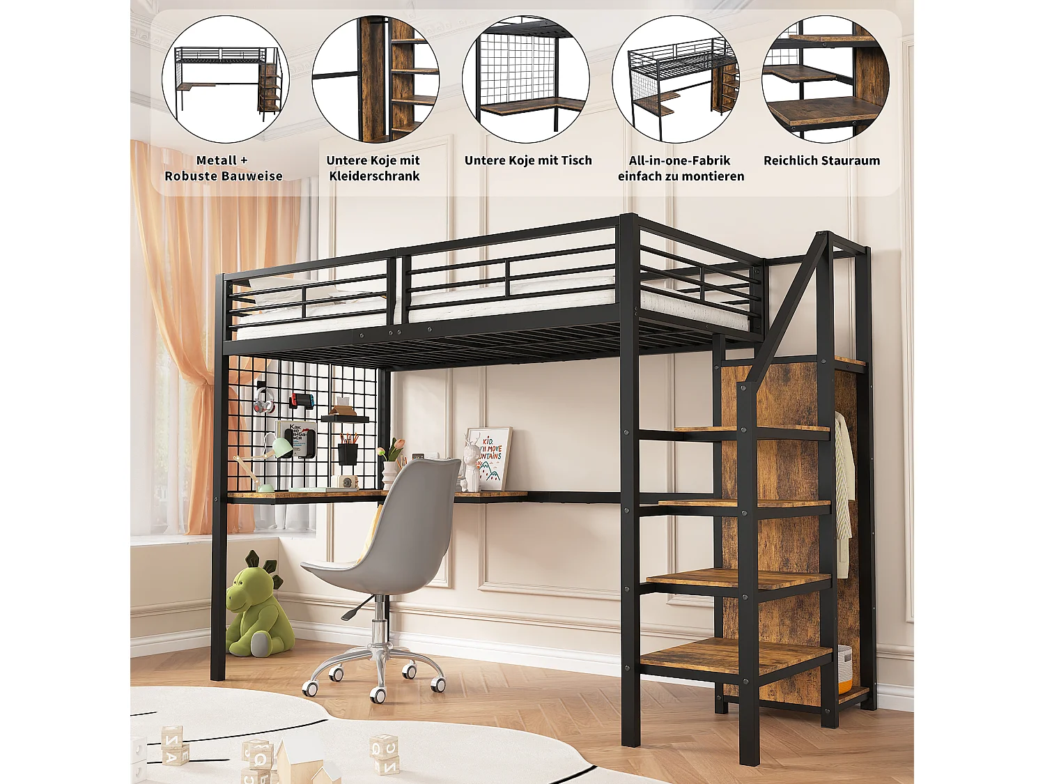 Łóżko piętrowe 90 x 200 cm z biurkiem narożnym i szafą - żelazo + płyta wiórowa - czarny + naturalny