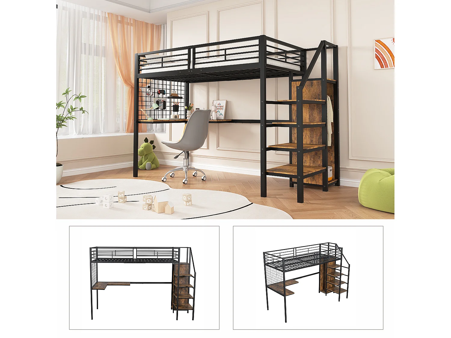 Łóżko piętrowe 90 x 200 cm z biurkiem narożnym i szafą - żelazo + płyta wiórowa - czarny + naturalny