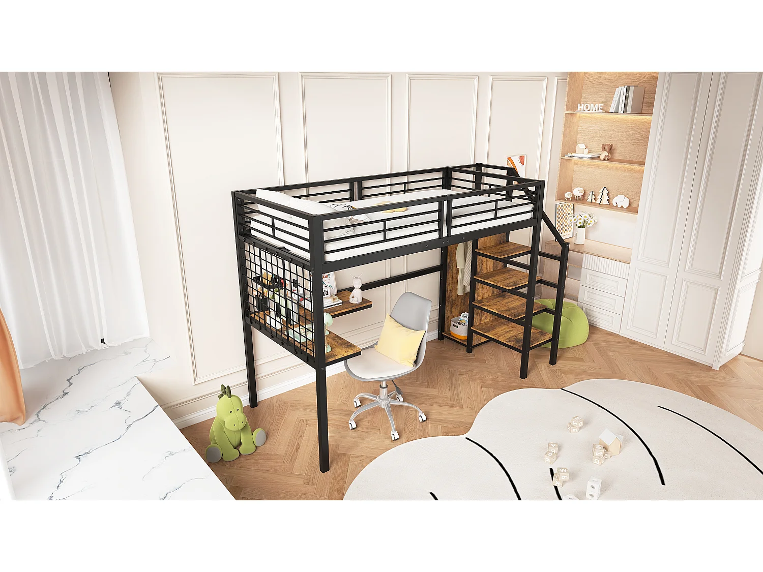 Łóżko piętrowe 90 x 200 cm z biurkiem narożnym i szafą - żelazo + płyta wiórowa - czarny + naturalny