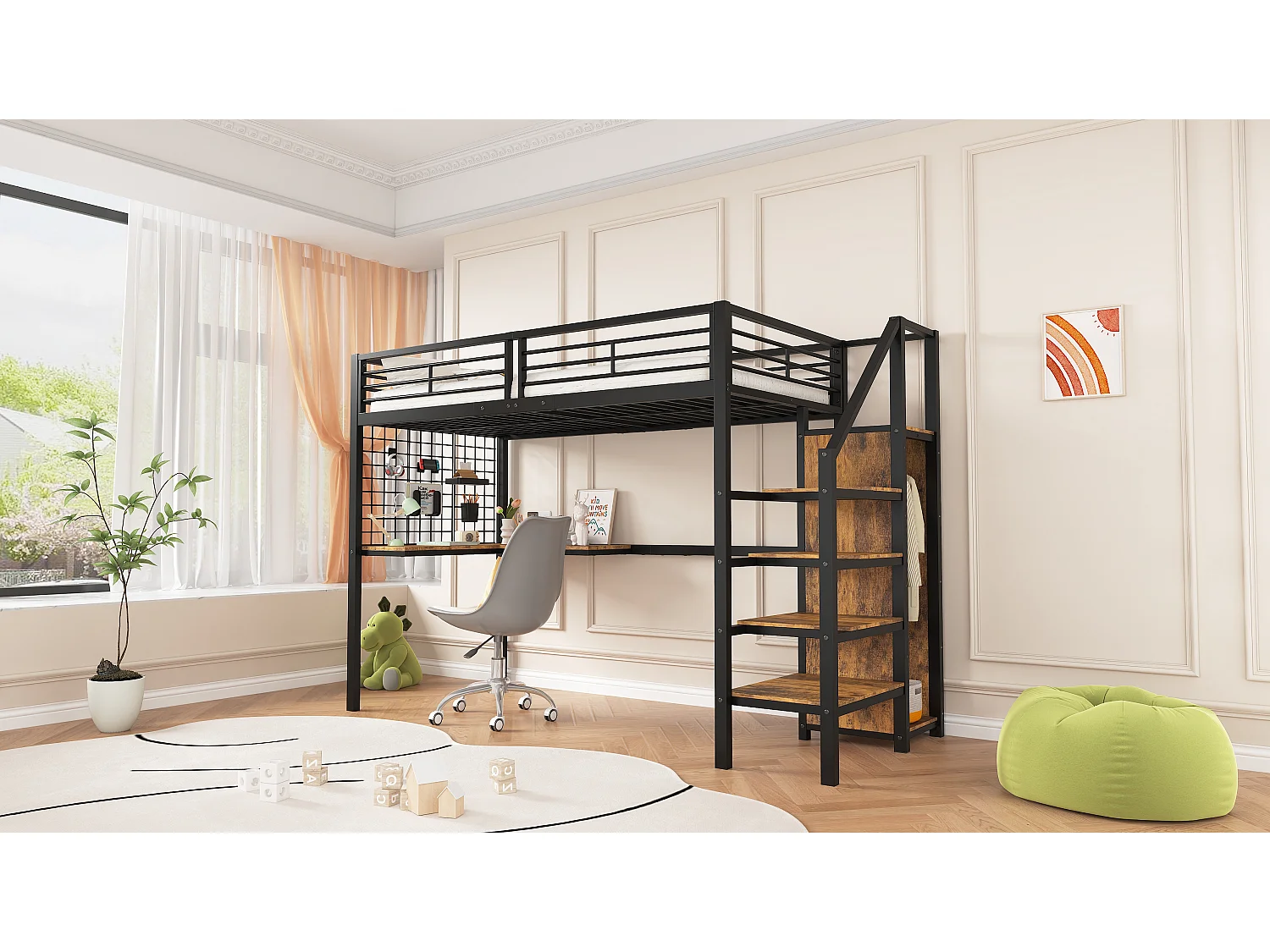 Łóżko piętrowe 90 x 200 cm z biurkiem narożnym i szafą - żelazo + płyta wiórowa - czarny + naturalny