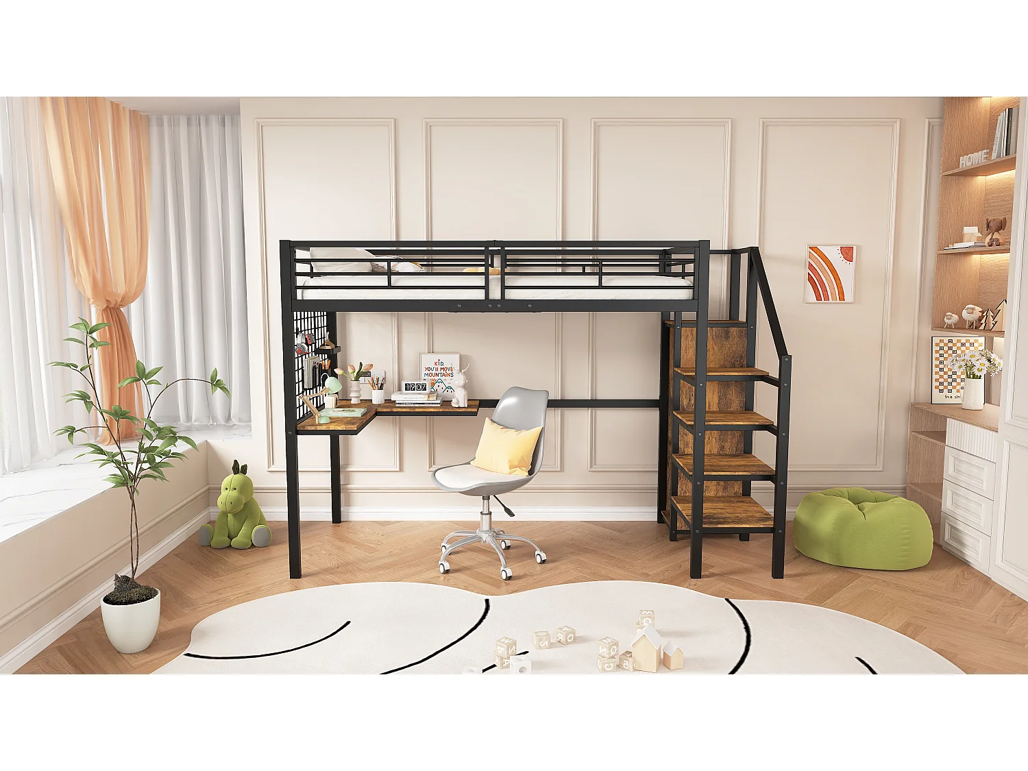 Łóżko piętrowe 90 x 200 cm z biurkiem narożnym i szafą - żelazo + płyta wiórowa - czarny + naturalny