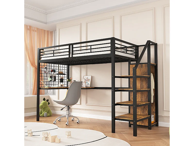 Lit mezzanine 90 x 200 cm avec bureau d'angle et armoire - fer + panneaux de particules - noir + naturel
