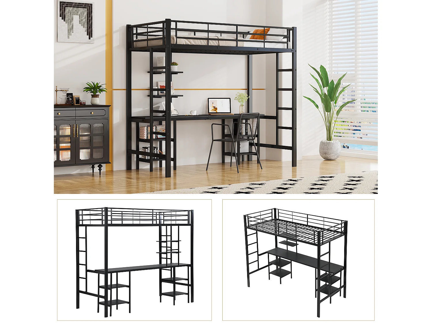 Letto soppalco 90 x 200 cm con scrivania e ripiani portaoggetti - metallo - colore nero