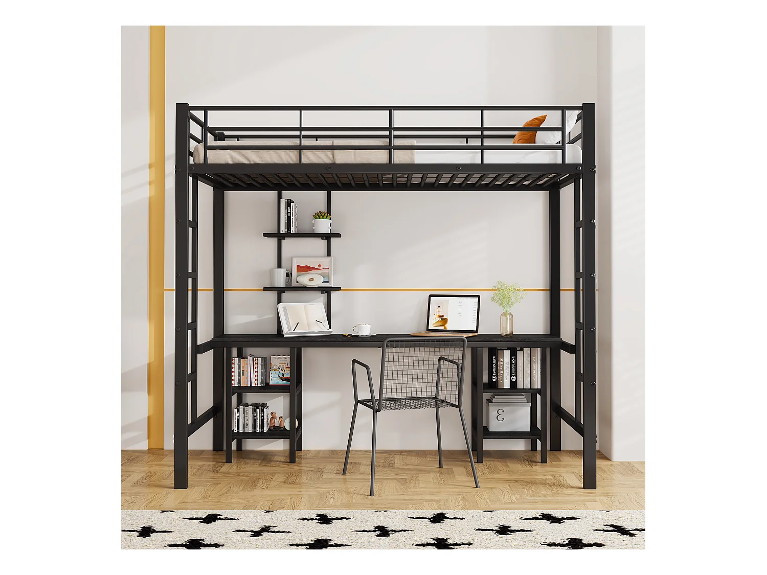 Mezzaninebed 90 x 200 cm met bureau en opbergplanken - metaal - zwarte kleur