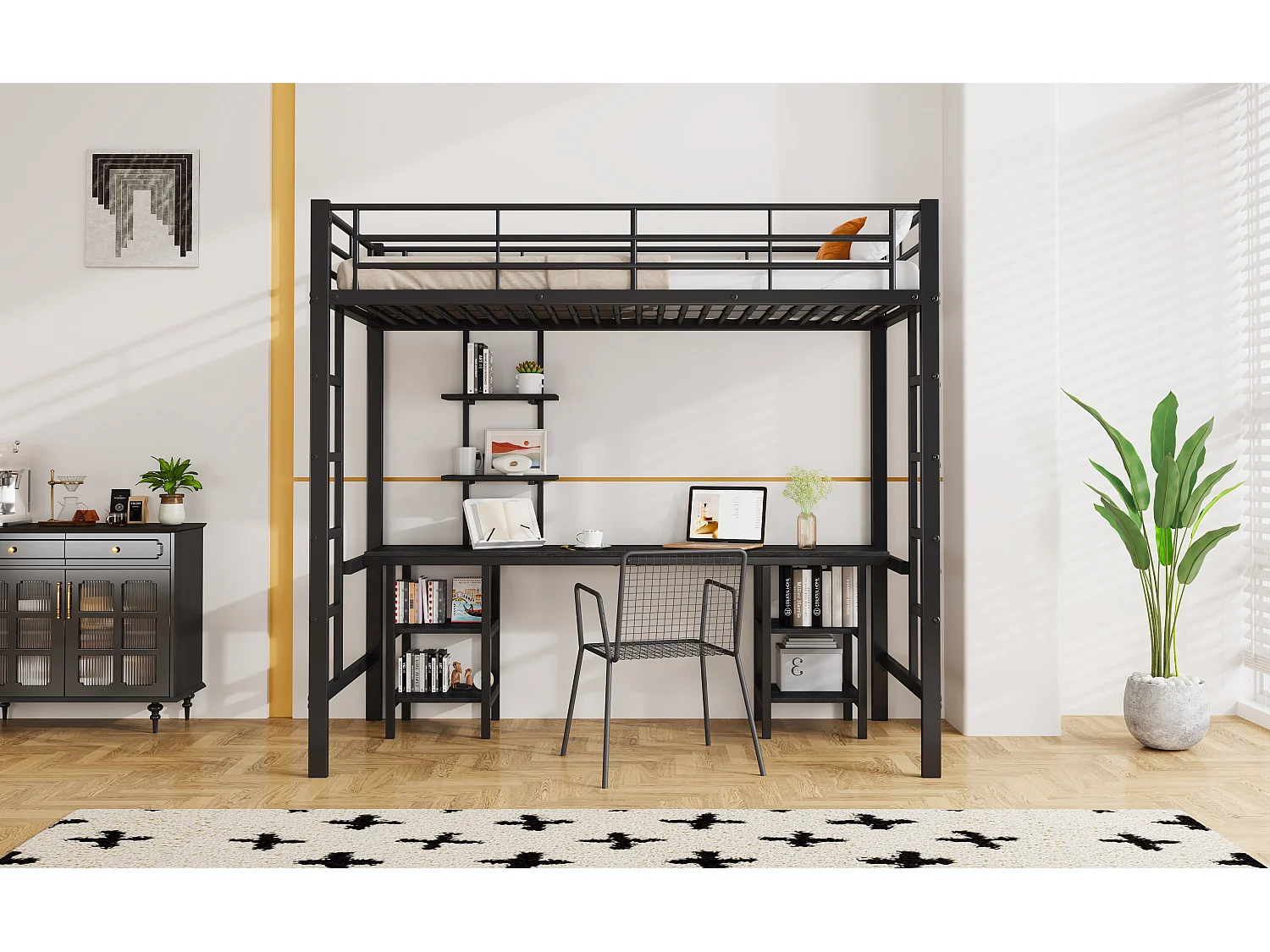 Letto soppalco 90 x 200 cm con scrivania e ripiani portaoggetti - metallo - colore nero