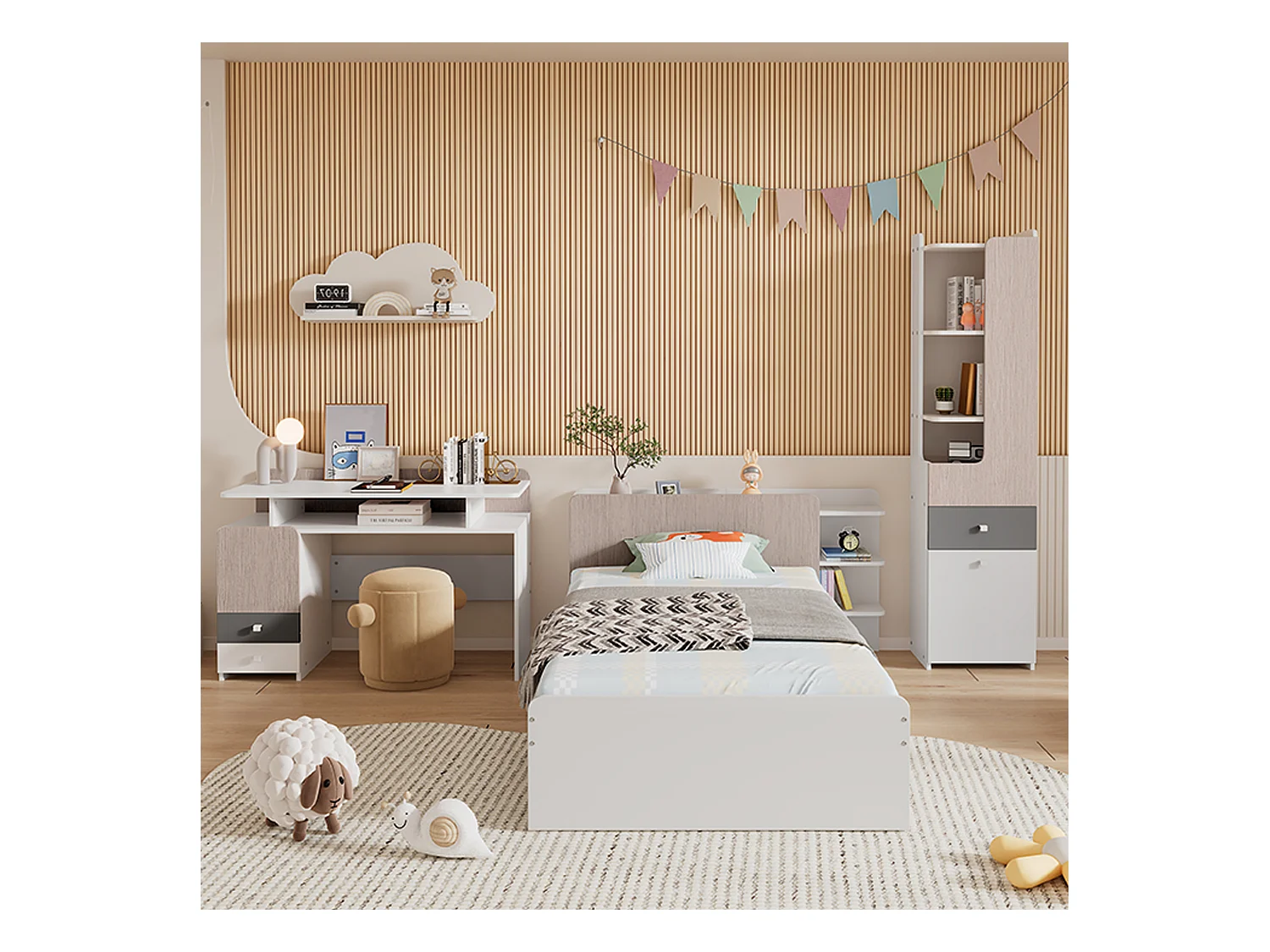 Kinderbeddenset 90 x 200 cm met 2 lades + planken + bureau + boekenkast - MDF + meerlaags paneel - kleur wit + grijs