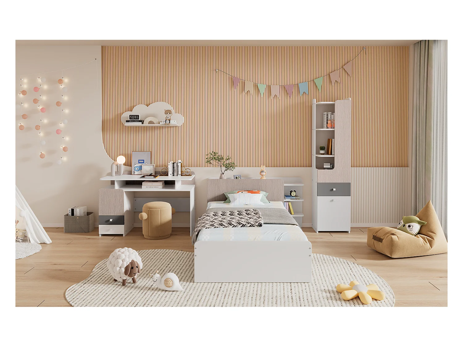 Kinderbeddenset 90 x 200 cm met 2 lades + planken + bureau + boekenkast - MDF + meerlaags paneel - kleur wit + grijs
