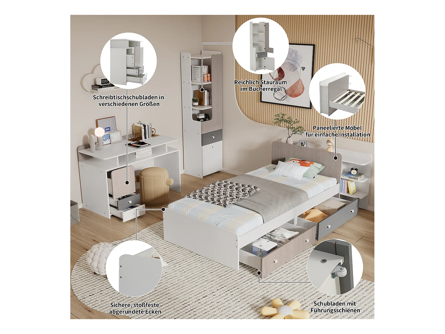 Kinderbeddenset 90 x 200 cm met 2 lades + planken + bureau + boekenkast - MDF + meerlaags paneel - kleur wit + grijs