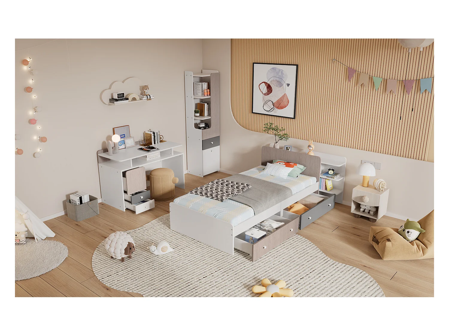 Kinderbeddenset 90 x 200 cm met 2 lades + planken + bureau + boekenkast - MDF + meerlaags paneel - kleur wit + grijs